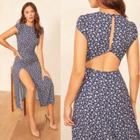 Reformation Dresses & Skirts - Reformation Gavin Dress in Monterey Blue Floral Side Split Cutout Back Womens 10